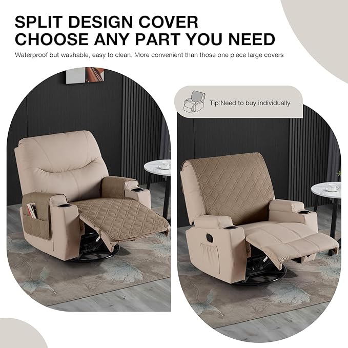 VANSOFY Recliner Chair Covers 100% Waterproof Seat Cover with Arm Reclining Cover Non-Slip Recliner Chair Covers Furniture Protector Washable Slipcover with Pocket for Pets, Dogs(Light Brown, 22")