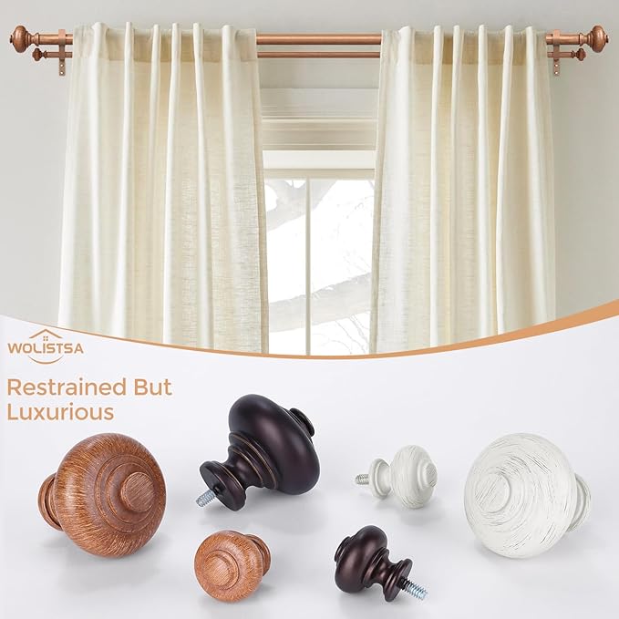 Wood Double Curtain Rods for Windows 36 to 72 inch, Boho Vintage Decorative 1 Inch Adjustable Dual Curtain Rod, Heavy Duty Farmhouse Double Drapery Pole with Imitation Wood Grain Finials