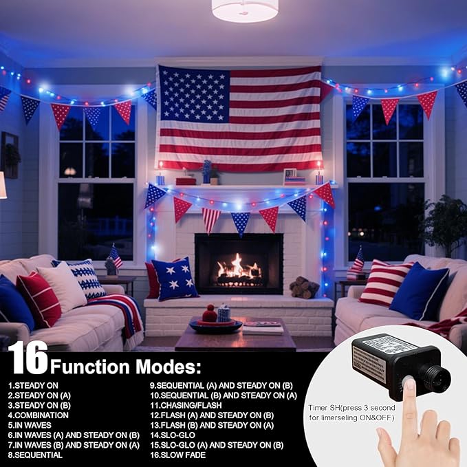 LAMPHOME 33ft Patriotic String Lights - Red White Blue Mini Lights, 100 LED Green Wire Fairy Starry String Lights Plug in, 11 Modes for Independence Day Celebration Party Memorial Day Decor