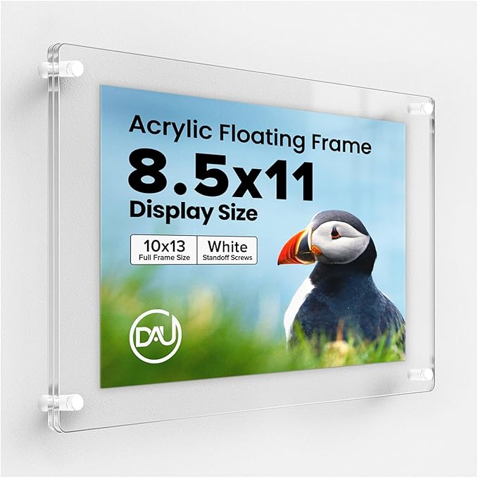 Acrylic Floating Frames White Standoffs (single) 8.5" x 11" Clear Acrylic Frames for Wall Mount Floating Picture Frame, Diploma Poster Certificate Hanging Photo Display Degree Prints Artwork Documents