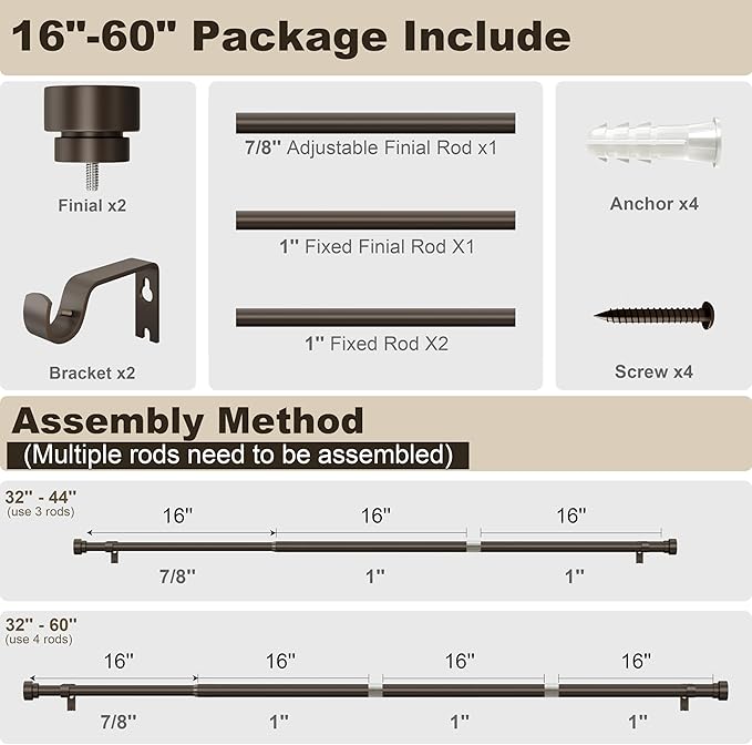 PORTRES Brown Heavy Duty Curtain Rods for Windows 28 to 48 Inches Adjustable Length 1" Diameter Curtain Rod with Modern Decorative Finials for Outdoor Farmhouse Bedroom Kitchen Living Room