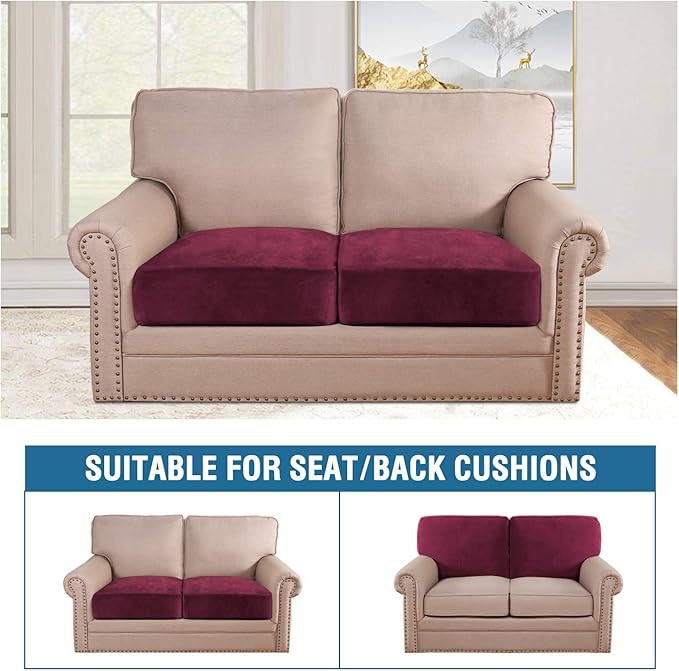 H.VERSAILTEX Velvet Stretch Couch Cushion Cover Plush Cushion Slipcover for Chair Loveseat Sofa Cushion Furniture Protector Seat Cushion Sofa Cover (2 Piece Medium Sofa Cushion Covers, Burgundy)