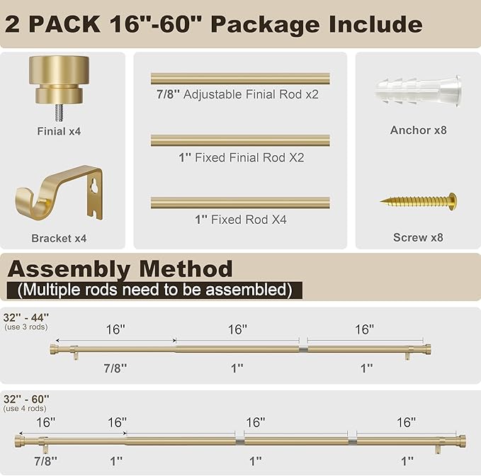 PORTRES Modern Gold Curtain Rods set of 2 for Windows 28 to 48 Inches Adjustable Length 1" Diameter Heavy Duty Curtain Rod with Farmhouse Decorative Finials for Outdoor Bedroom Kitchen Living Room