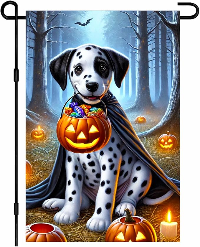 Halloween Dog Garden Flag 12x18 Inch Dalmatian Tia Pumpkin Candy Basket Fall Yard Flag Double Sided Trick or Treat Banner for Porch Lawn Outdoor Holiday Halloween Decoration