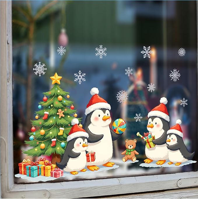Penguin Christmas Wall Decals | Peel and Stick Holiday Decorations with Santa Hats, Gifts & Tree – Removable Snowflake Vinyl Stickers for Winter Wall, Window, Living Room, Office & Seasonal Displays