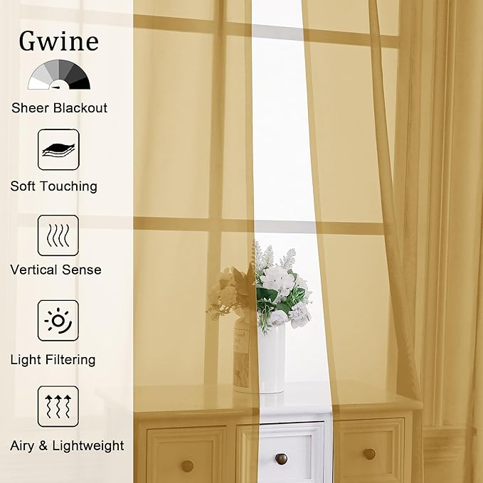 Gwine Gold Sheer Kitchen Curtains 36 Inch Length, Light Filtering Voile Soft Airy Small Cafe Curtains, Short Window Curtain for Bathroom Basement, 42x36 inch, 2PCS