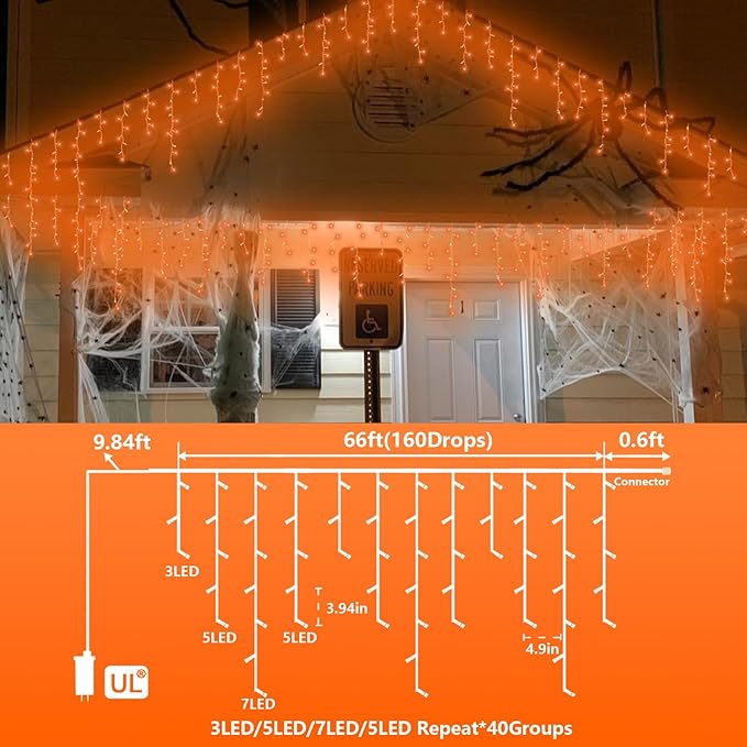 YEGUO 66ft 800 LED Orange Thanksgiving Lights, Connetable Icicle Light Outdoor Waterproof, 8 Modes Christmas Lights Indoor Plug in for Thanksgiving House Patio Fall