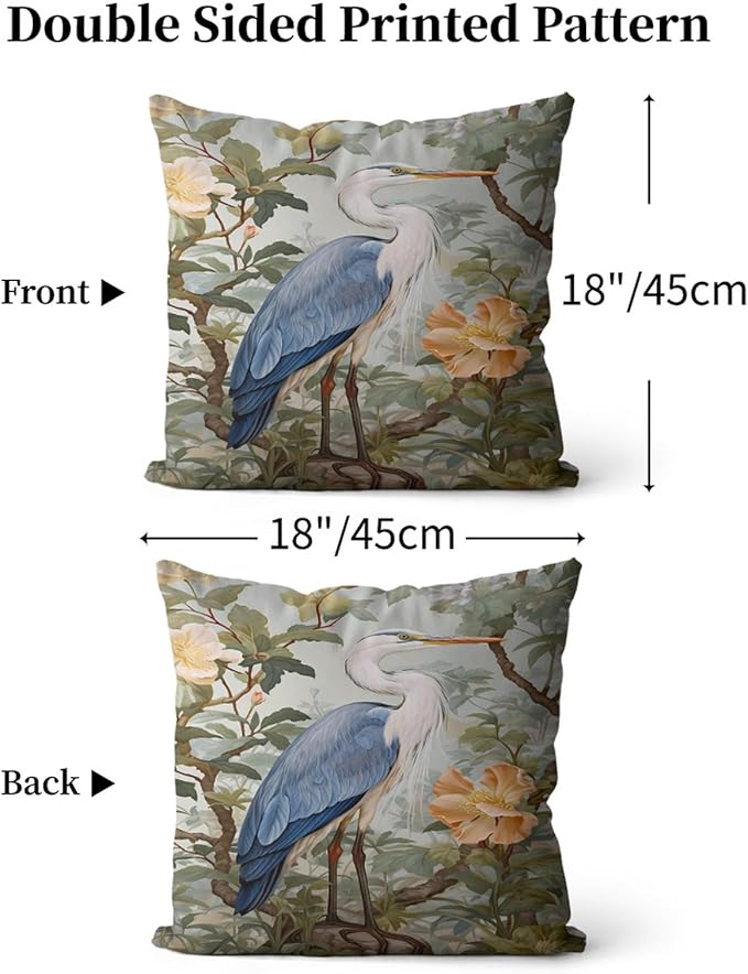 Blue Heron Throw Pillow Covers 18x18 Inch Rustic Bird Animal Throw Pillow Covers for Couch Chinoiserie Pillowcases Vintage Nature Floral Botanical Farmhouse Sofa Cushion Cover Set of 2