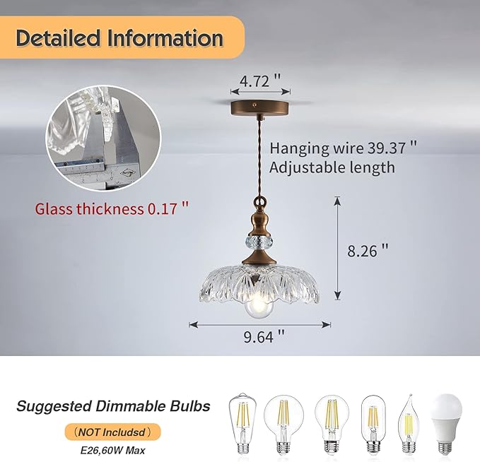 CVKASH Vintage Glass Pendant Light Fixture Brass Modern Adjustable Chandelier Farmhouse Hanging Light for Hallway Porch Kitchen Bedroom Coffee Shop Dining Room Island