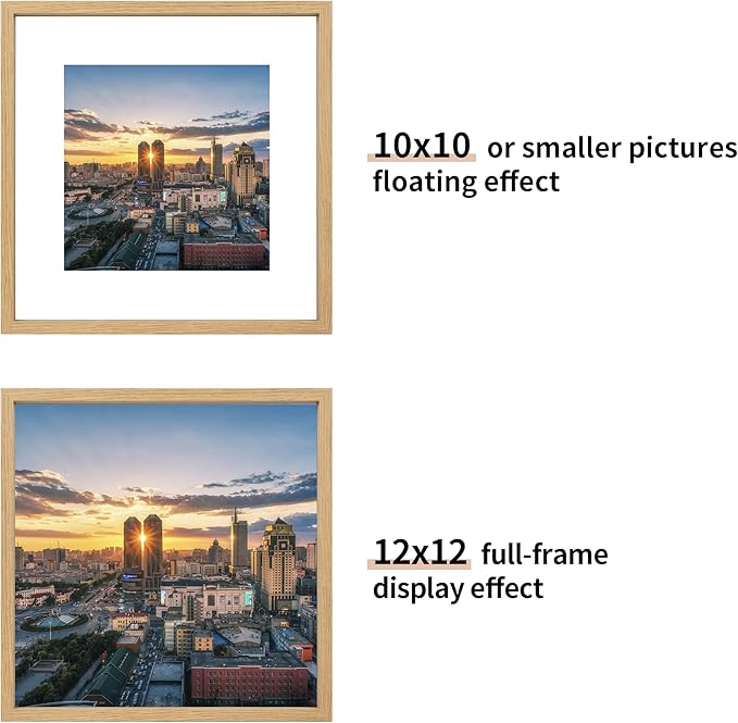 12x12 Floating Picture Frame Set of 2, Double Glass Photo Frame Wooden Frame for Wall Mount or Tabletop Displays for 8x10, 10x10 inch Pictures, Plane Edge Frames, Natural