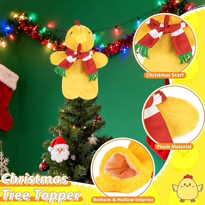 Eyourlife 12 in Chicken Christmas Tree Topper,Cute with Red Scarf Plush Stuffed Yellow Chicken Tree Top, Winter Farm Chicken Tree Toppers Decor for Xmas Party Home Indoor/Outdoor Tree Tops Decoration