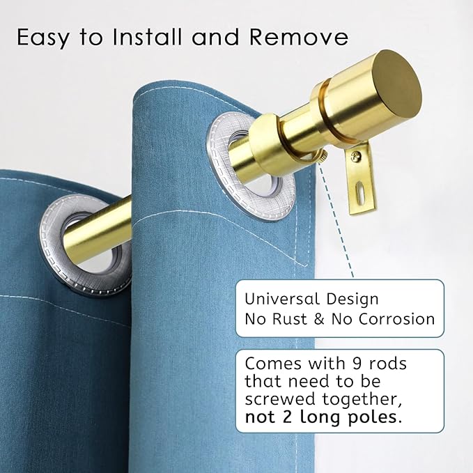 Curtain Rods for Windows 16 to 144 Inches Adjustable Length 1 Inch Diameter Window Curtain Rod with Aluminium Finials, Gold