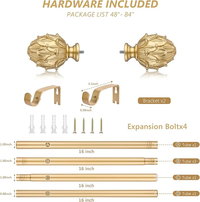 Curtain Rods for Windows 48 to 84 Inches 1 Inch Diameter Adjustable Drapery Rod Decorative Single Window Curtain Rods with Classic Finials,Gold