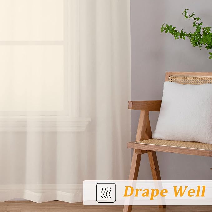 Gwine Cream Sheer Curtains 63 Inches Long 2 Panels Set, Voile Light Filtering Sheer Curtains for Living Room, Lightweight Rod Pocket Window Treatments Drapes, Each 42" Wx63 L, Cream