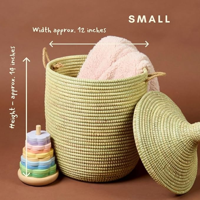 Small Natural Beige Decorative Woven Wicker Basket Hamper - Organize Laundry, Toys, Blankets, Pillows, Clothes, Towels - Storage Bins for Home, Baby Nursery, Living Room, Bedroom, Bathroom