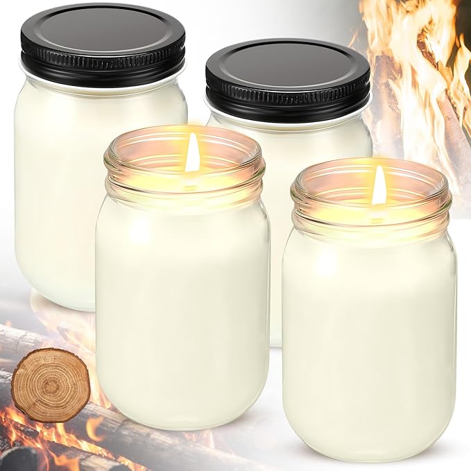 MTLEE 4 Pack 12 oz Mason Jar Soy Candle with Essential Oils Scented Soy Wax Candles for Home Valentine Christmas Wedding Birthday Gift Farmhouse Collection Baby Shower Party(Fireside Birch)