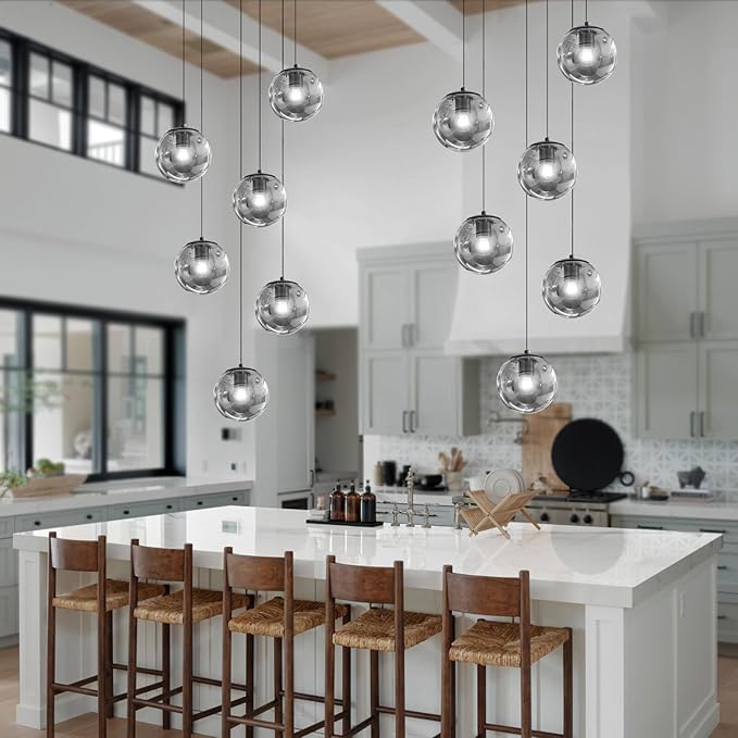 6-Light Globe Glass Pendant Light Modern Smoke Gray Glass Globe Chandelier Large Chandeliers for High Ceilings Entryway Adjustable Hanging Light for Living Room Foyer Hallway