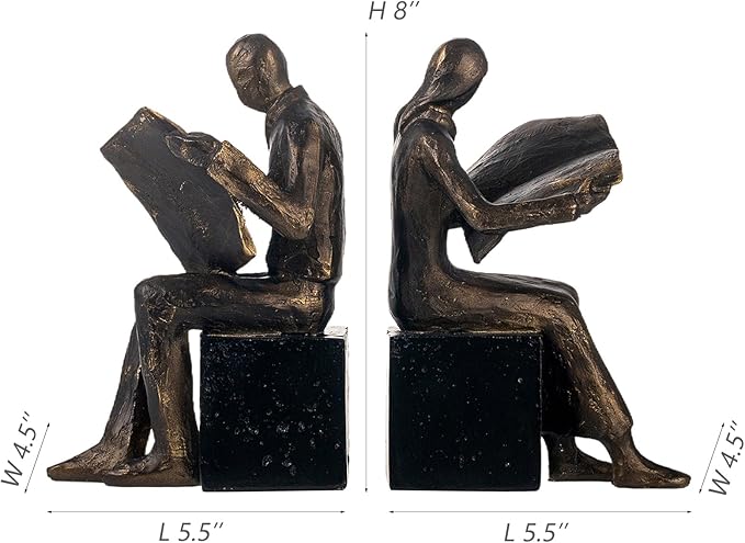 Lukitas Decorative Newspaper Reader Bookends, Heavy Duty Book Holder Non-Slip, Vintage Home Décor Accessories for Study Office Bookshelf, Bronze, Resin, 1Pair/2Piece 8''