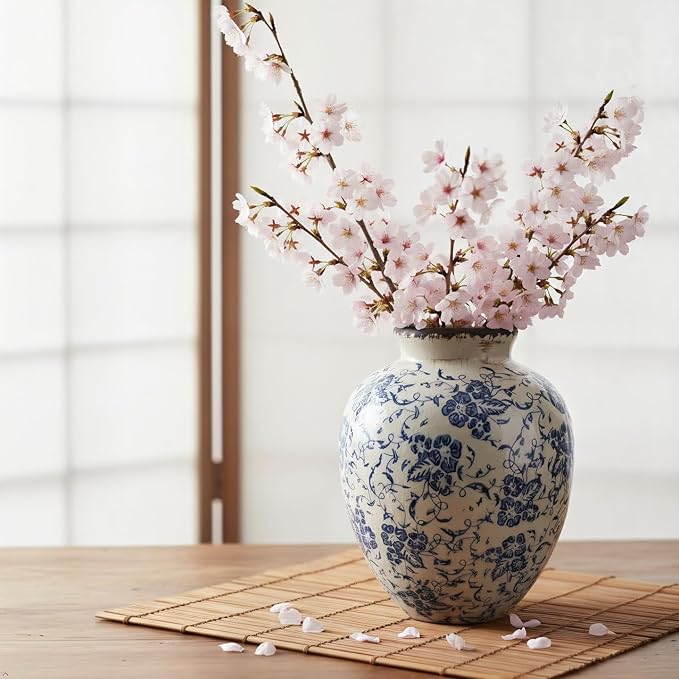 Blue and White Ceramic Vase 8 Inch – Vintage Floral Pottery Vase with Crackle Glaze, Waterproof Decorative Vase for Flowers, Greenery, Small Bouquets – Farmhouse Cottage Table Shelf Decor