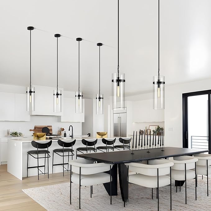 Modern Large Glass Kitchen Island Pendant Light,Black 6'' Clear Adjustable Island Pendant Lights,1 Light Indoor Pendant Light, for Kitchen Dining Bathroom Bedroom,Included 2 Bulb