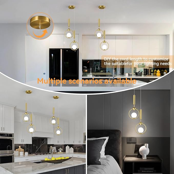 Modern Globe Glass Pendant Light fixtures 2-Light, Simplicity Gold Pendant Lighting, Mid Century Chandelier for Kitchen Island Dining Room Bedroom Entryway Hallway