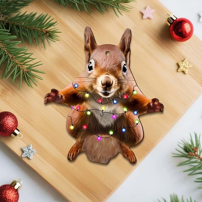 Flying Squirrel Christmas Tree Keepsake Ornaments, Squirrel Themed 2 Side Printed Flat Wooden Ornament, Animal Xmas Hanging Decor