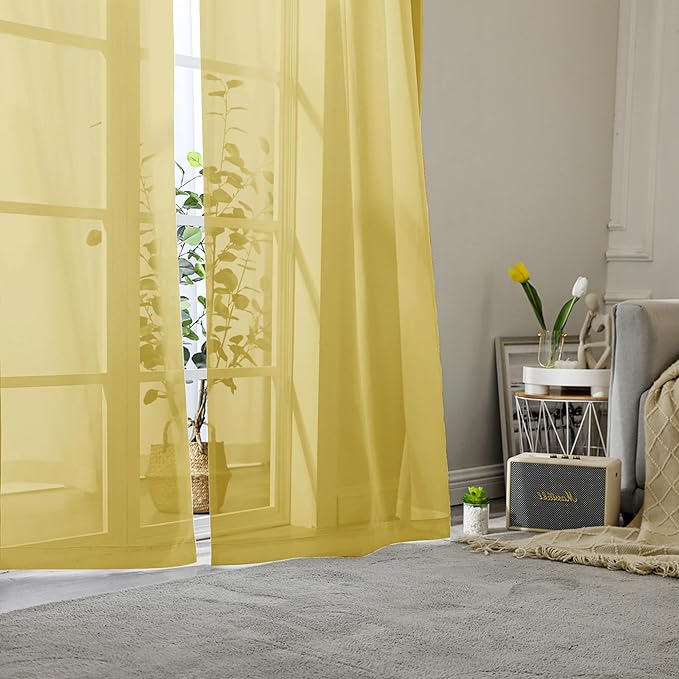 Lecloud Yellow Sheer Curtains 90 Inches Long 2 Panels, Gauzy Light Filtering Breathable Curtain, Solid Voile Home Decor Drapes with Dual Rod Pocket for Living Room Bedroom, Each 42" W x 90" L