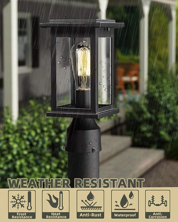 Outdoor Post Light Fixtures, HWH Exterior Pillar Lantern Pole Lamp in Matte Black Finish with Clear Glass Shade, 5HD37P BK