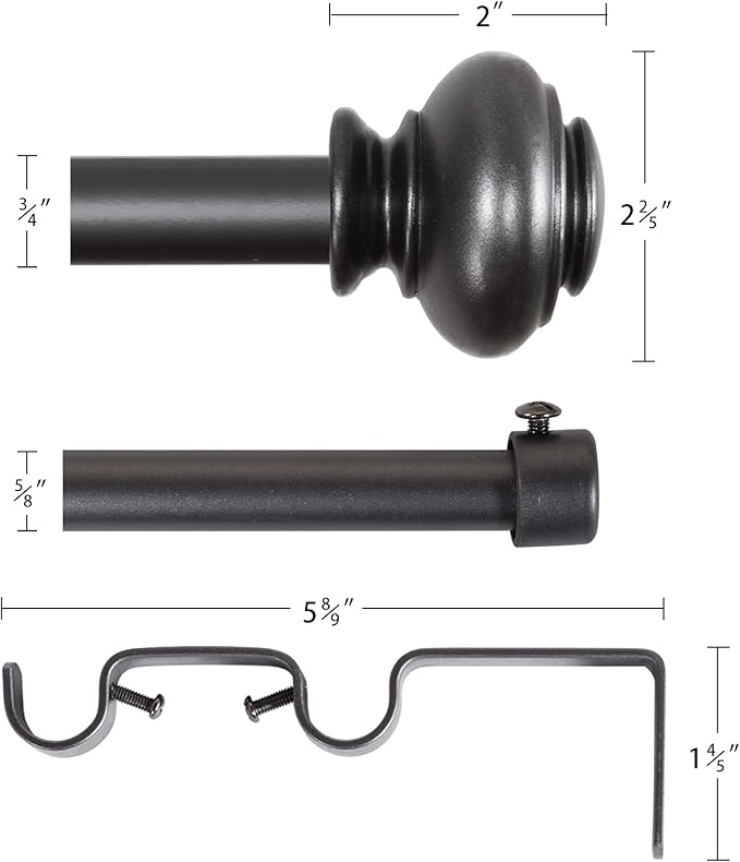 H.VERSAILTEX Elegant Window Treatment Telescoping Double Curtain Rod Set with Classic Cap, 3/4-Inch Diameter, Adjusts from 28 to 48 Inches, Pewter
