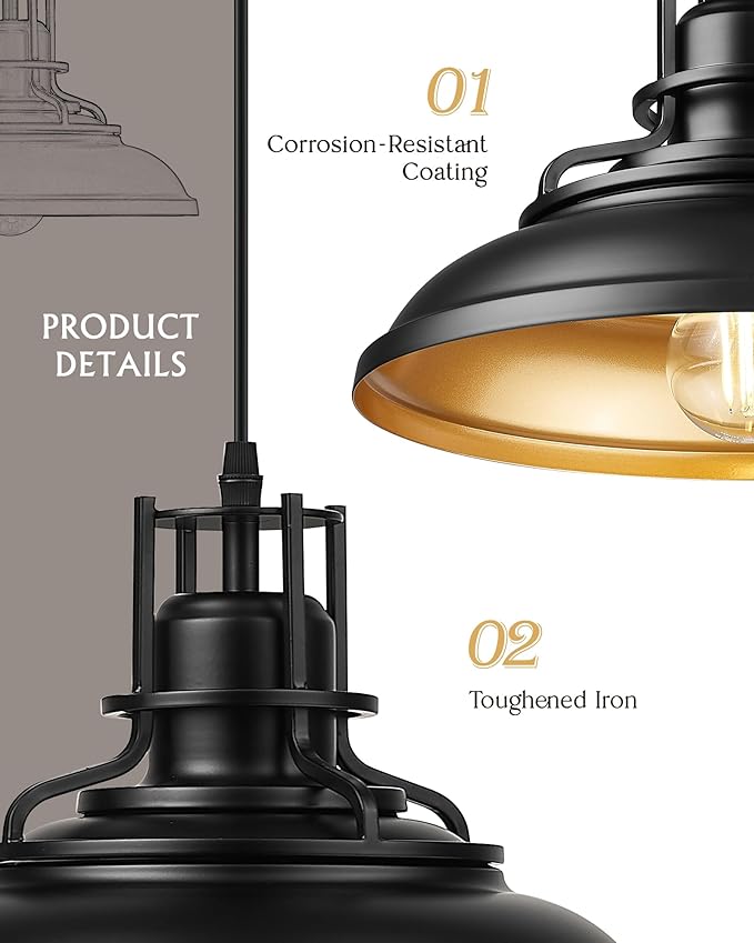 FEMILA 12" Modern Pendant Lights Kitchen Island, Black Pendant Light Fixtures for Foyer Cafe Kitchen, Adjustable Height, 2 Pack, 4FY15-MP-2PK BK-1