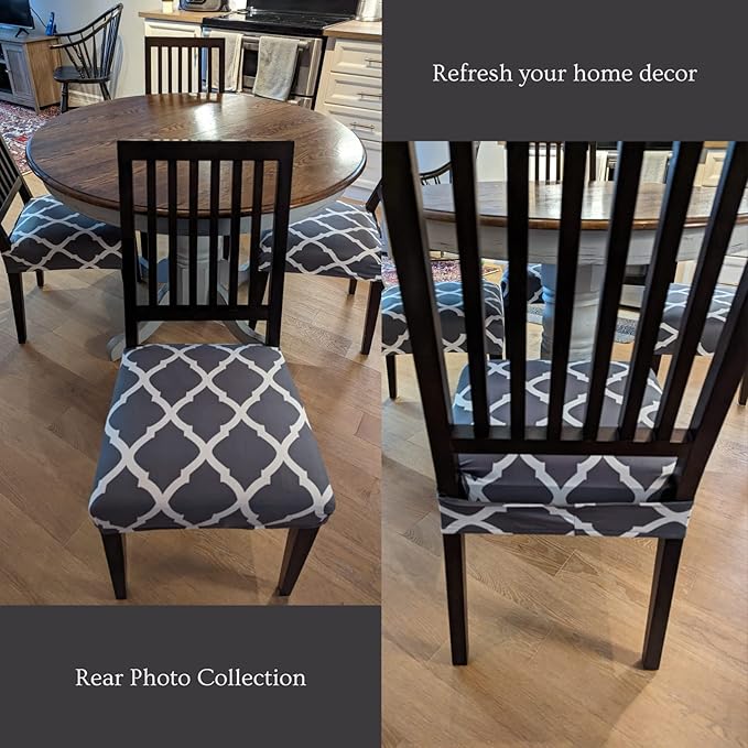 SearchI Stretch Dining Chair Seat Covers Set of 4, Soft Removable Washable Seat Covers for Dining Chairs, Dining Room Protector (Rear-Covered, Grey)