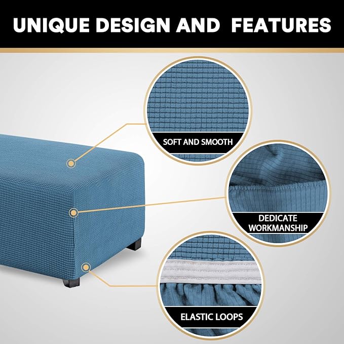 Stretch Ottoman Cover Ottoman Slipcovers Rectangle for Living Room Foot Stool Stretch Covers to Fit Ottoman Foot Rest, Thick Checked Jacquard Fabric with Elastic Bottom (Standard Size, Dusty Blue)
