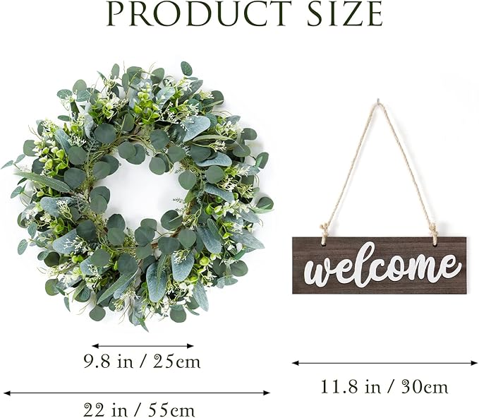 Dremisland Green Eucalyptus Wreath with Welcome Sign 22in Spring Summer Artificial Eucalyptus Wreath for Front Door, Wall, Window, Party Decor (Brown)