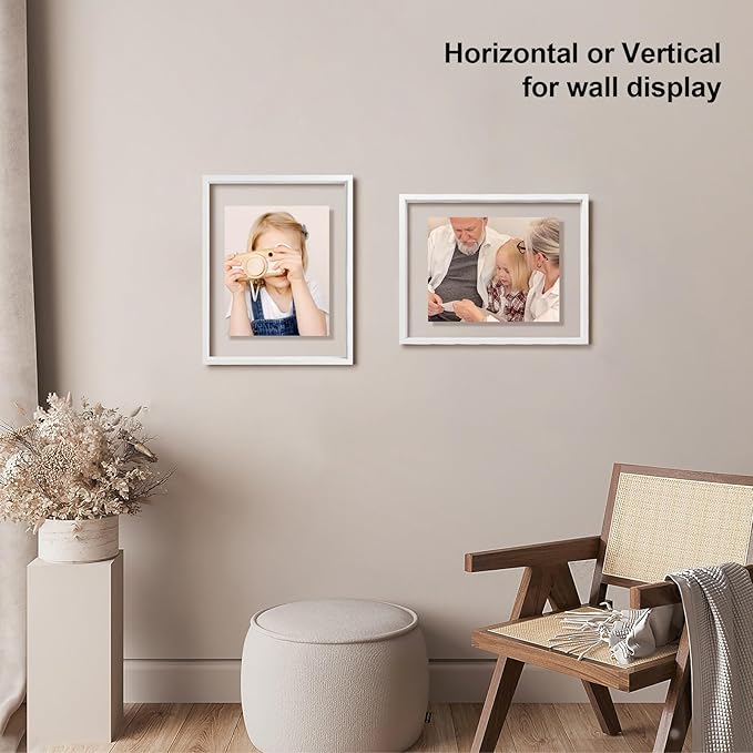 Egofine 11x14 Floating Frames Set of 2, Double Plexiglass Picture Frame, Made of Solid Wood Display Any Size Photo up to 11x14, Wall Mount or Tabletop Standing, White