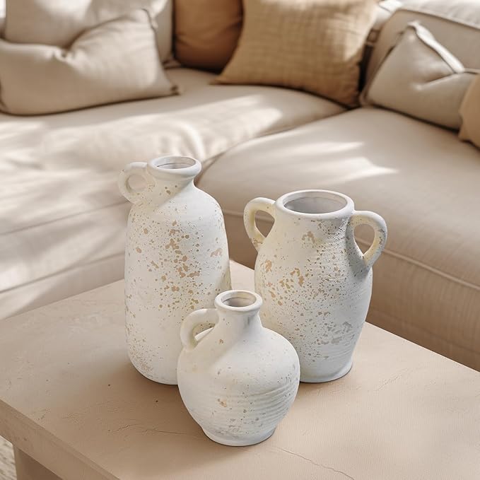 Sunddo White Ceramic Vase, Rustic Farmhouse Decorative Vase with Handle, Farmhouse Decor, Centerpieces Entryway Shelf Living Room Table Decor 10 inch