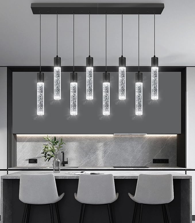 8-Lights Modern Crystal Chandeliers for Kitchen Island Pendants Lighting Fixture for Dining Room LED Ceiling Light for Hallway Foyer 6000K Black
