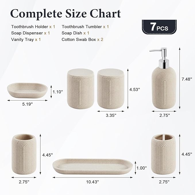 Bathroom Accessories Set - 7-Piece Resin Bathroom Set, Toothbrush Holders Set, Soap Dispenser, Qtip Holder Dispenser, Tumbler, Soap Dish & Tray, Modern Bath Decor for Home Dorm Hotel (Beige)