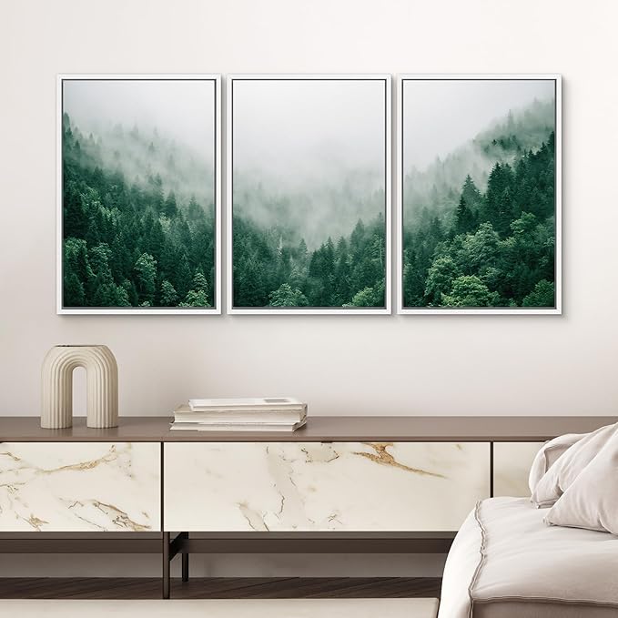 SIGNWIN Framed Canvas Print Wall Art Set Fog & Mist Mountain Forest Valley Nature Wilderness Photography Modern Art Rustic Landscape Relax/Calm for Living Room, Bedroom, Office - 24"x36"x3 White