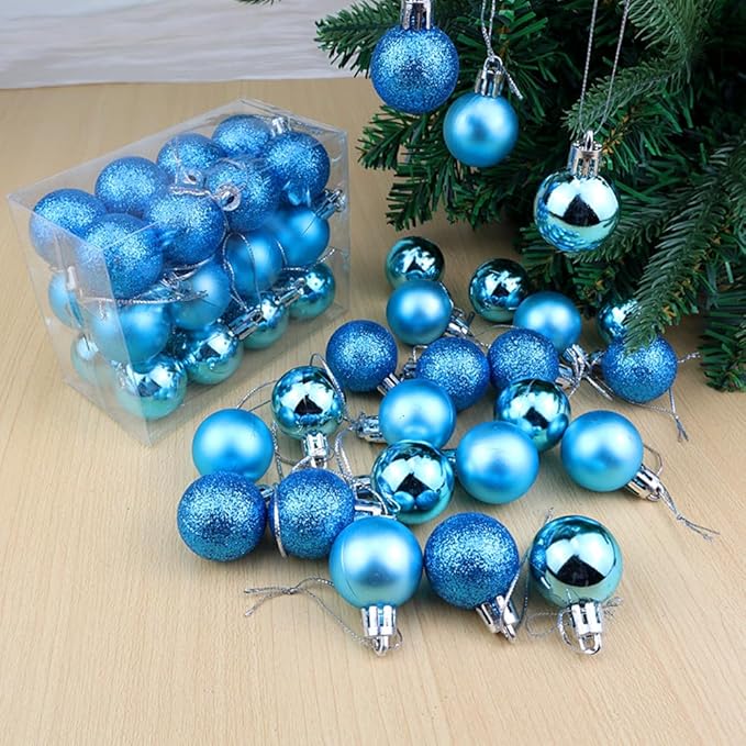 ALIMITOPIA 24pcs Christmas Ball Baubles 1.2 inches Shatterproof Plastic Hanging Balls Pendant for Xmas Tree Decoration (Tiny Size;Light Blue)