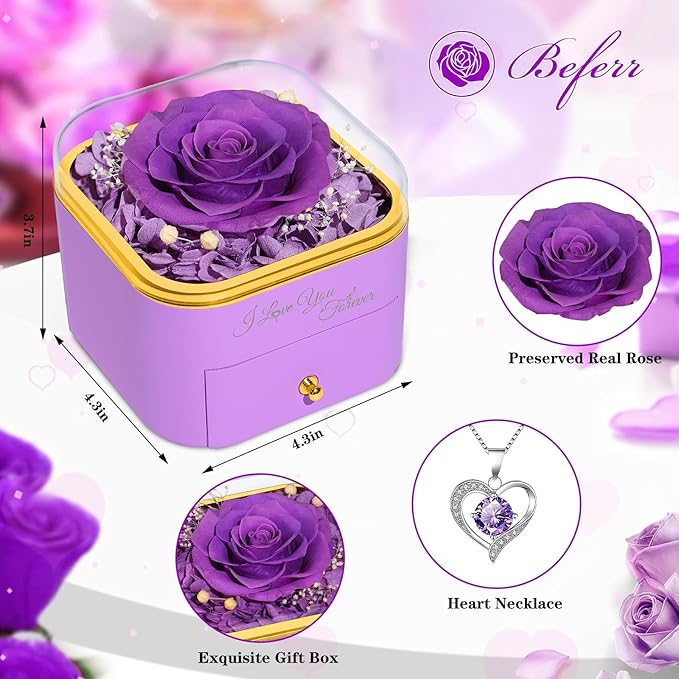 Beferr Birthday Gifts for Women Preserved Real Rose with Necklace Eternal Roses Forever Flowers for Delivery Prime Christmas Day Gifts for Mom Grandma Wife Sister Her from Daughter