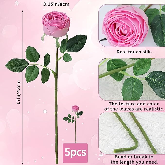 5Pcs Rose Real Touch Artificial Silk Flowers with Stems - Lifelike Latex Austin Rose Peony for Wedding Bouquets, Home Decor, DIY Floral Arrangements