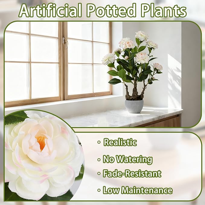 TOARTi Artificial Camellia Potted Plant with Stone Pot, 20.5" Tall Fake Potted Flowers Faux Plants Desk Plant, Realistic Decorative Plants Indoor Decor for for Home Bedroom Bathroom Office Desk