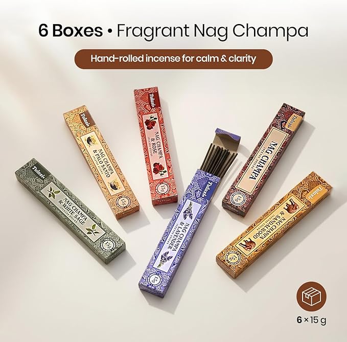 Tulasi Nag Champa Incense Sticks Gift Pack of 6, Hand Rolled Fragrance Incense Sticks for Aromatherapy, Relaxing, Yoga, Meditation, Prayer, Agarbatti Stick with Natural Oils, Thanks Giving (15gm x 6)