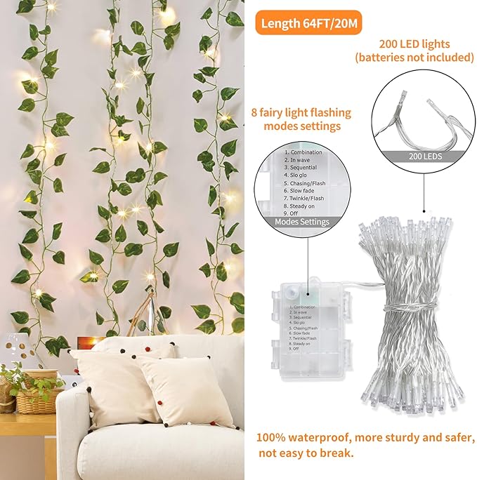CEWOR 24 Pack 173ft Fake Ivy Vines, Artificial Ivy Garland with 200 LED String Lights, Hanging Plants Greenery Backdrop Green Leaves for Bedroom Room Wall Decor Wedding Party Table Decoration