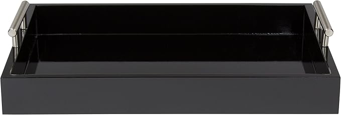 Kate and Laurel Lipton Decorative Tray with Polished Metal Handles, Black and Silver