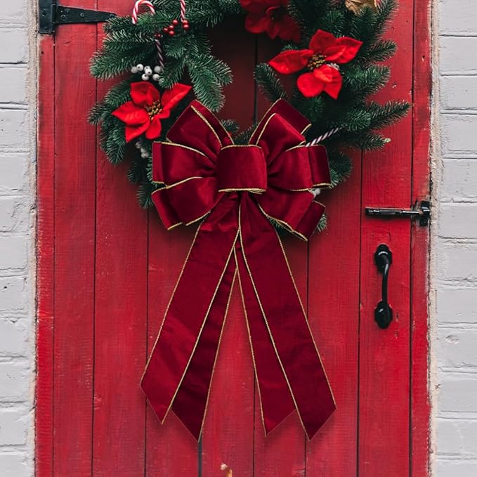 Large Vintage Dark Red Wreath Bow - 20 * 11inch Golden Edged Red Velvet Tree Topper Ornament for Xmas Home Outdoor Indoor Party