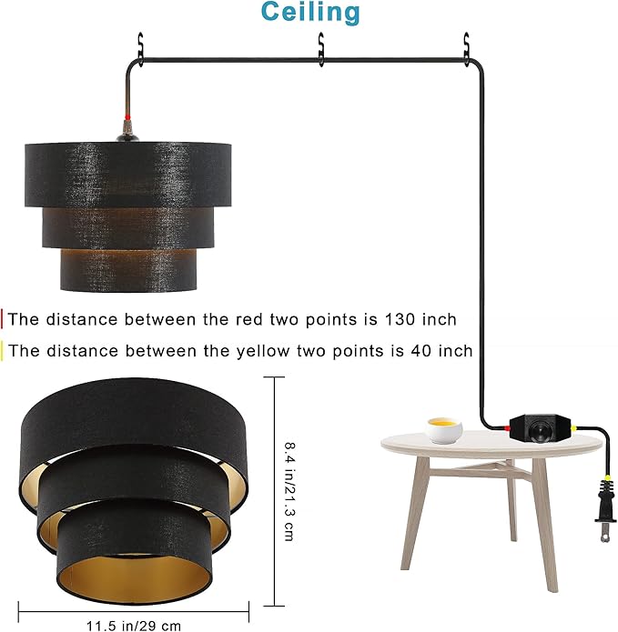 Plug in Pendant Light, Hanging Light Fabric Shade, Pendant Light Fixture for Bedroom, Kitchen, Living Room, Dining Table (Black)