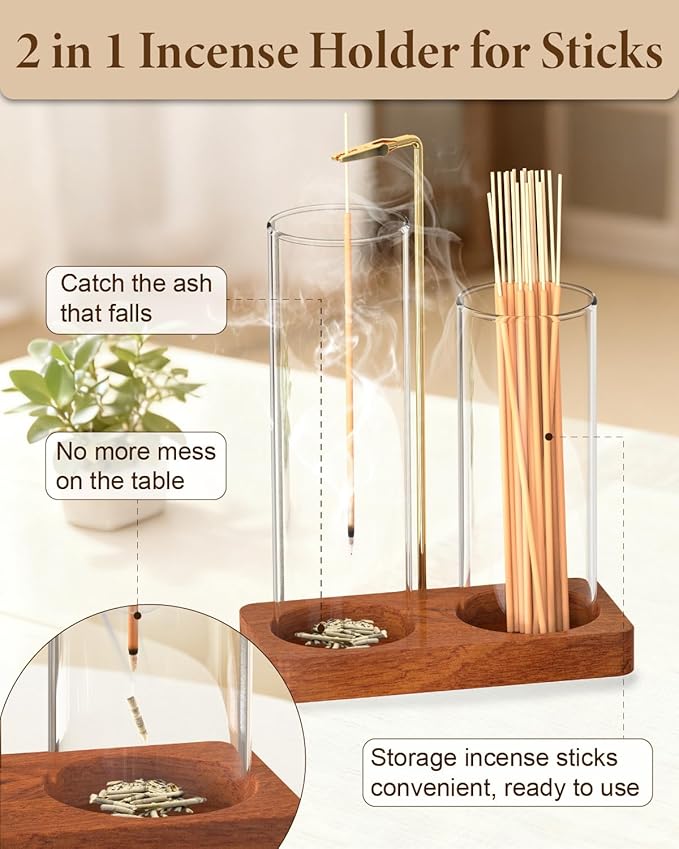 Incense Holder, Large 2 in 1 Incense Sticks Holder, Upside Down Wooden Incense Burner Holder with Glass Ash Catcher & Incense Storage for Meditation Yoga Spa Home Decor, with 20 Incense Sticks & Brush