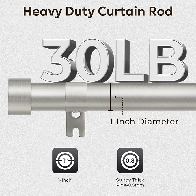 Zeerobee Curtain Rods for Windows 32 to 240, Brushed Nickel Curtain Rod, Adjustable 1 Inch Heavy Duty Outdoor/Indoor Modern Drapery Pole, 32"-240"