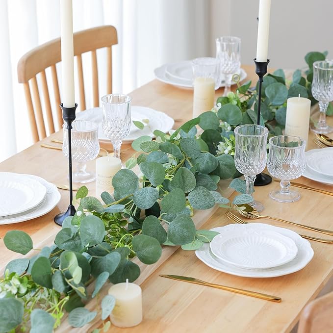 Mizii 2 Strands Artificial Vines Eucalyptus Garland 68" Fake Vine with Silk Leaves Green Garland Faux Hanging Plants Greenery Decoration for Bedroom Room Table Centerpieces Wedding Decor (Greenery)